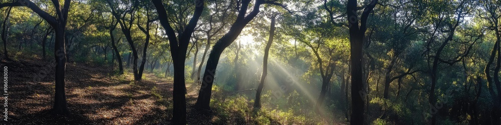 A forest with trees and sunlight shining through the leaves A forest with trees and sunlight shining through the leaves