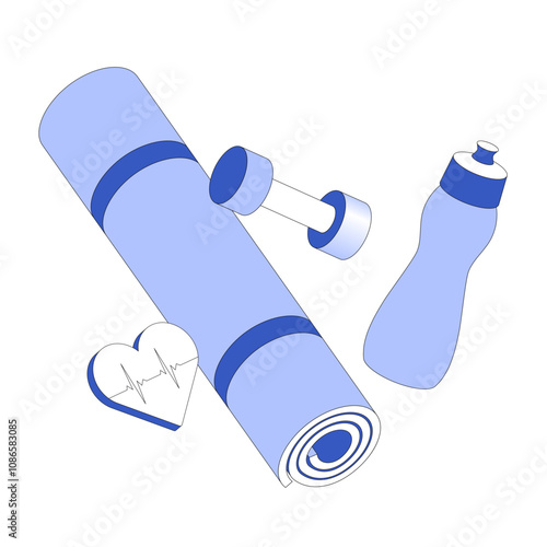 Yoga mat, bottle and dumbbell as fitness equipment