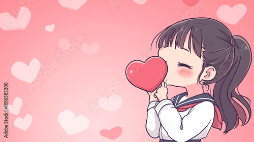 A cute girl in a school uniform kisses a heart on Valentine's Day against a pink backdrop