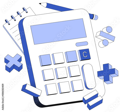 Calculator and notepad with mathematics signs