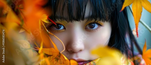 A close up of a girl with black hair and yellow leaves. AI.
