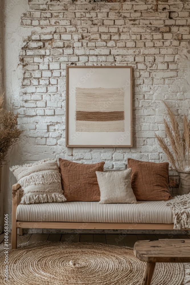 Scandinavian interior featuring a brick wall with an empty frame for posters.