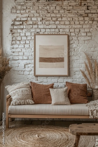 Obraz na płótnie Scandinavian interior featuring a brick wall with an empty frame for posters. w salonie
