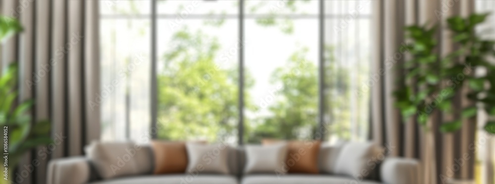 Fototapeta premium Cozy living room with large windows overlooking a green garden on a bright sunny day