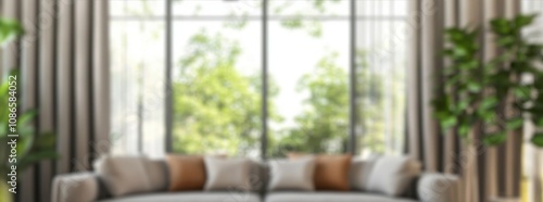 Cozy living room with large windows overlooking a green garden on a bright sunny day