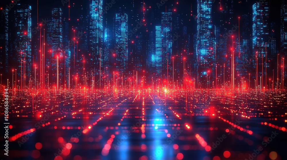 Futuristic Cityscape with Glowing Neon Lights and Abstract Patterns in a Cybernetic Environment, Reflecting Technology and Digital Innovations Futuristic Cityscape with Glowing Neon Lights and Abstract Patterns in a Cybernetic Environment, Reflecting Technology and Digital Innovations