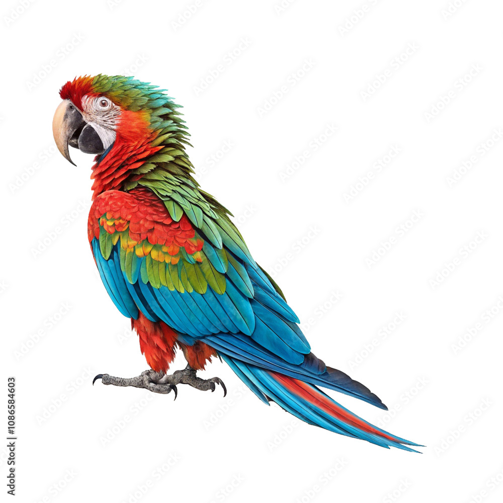 Obraz premium Scarlet macaw parrot stock image with vivid colors and exotic beauty, isolated on a transparent background for creative tropical-themed projects