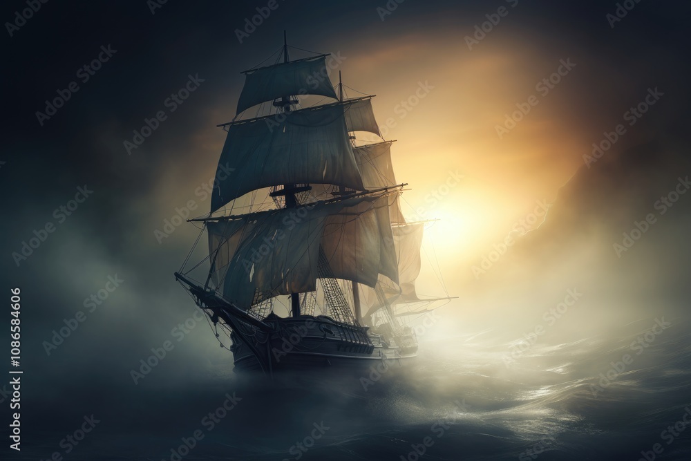 Fototapeta premium A ghostly ship with dark sails glides through a dense fog, illuminated by the golden light of a setting sun
