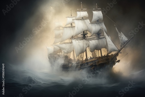 A large, wooden sailing ship with white sails glides through a thick, ghostly fog, illuminated by a faint, mysterious light photo