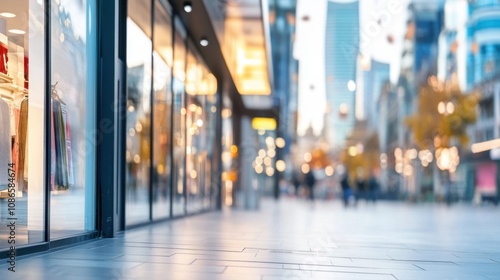 Crowded urban shopping street with blurred store displays and autumn lights during evening hours