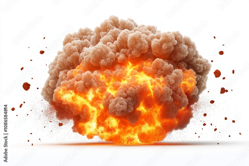 A fiery explosion with intense orange flames and billowing smoke clouds isolated A fiery explosion with intense orange flames and billowing smoke clouds isolated