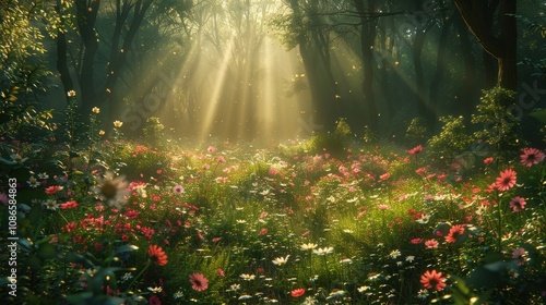 Sunbeams Illuminate A Magical Flower Filled Forest