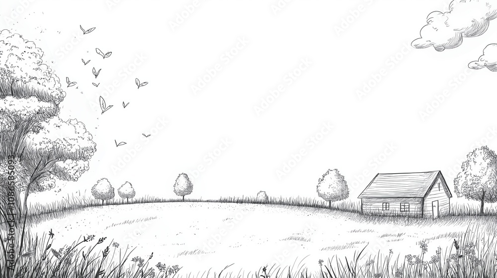 Fototapeta premium Rural Doodle with House and Nature Elements