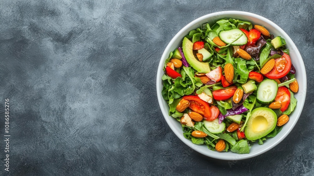 Top view of a salad bowl with avocado, nuts, and detox vegetables, vibrant colors to symbolize health and fat burning, detox salad, healthy fat loss Top view of a salad bowl with avocado, nuts, and detox vegetables, vibrant colors to symbolize health and fat burning, detox salad, healthy fat loss