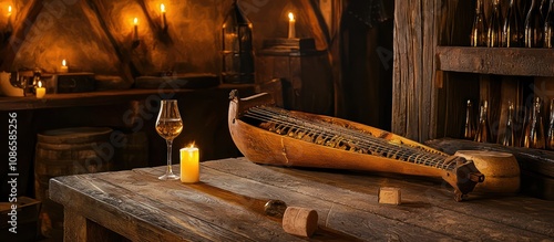 Fantasy tavern interior with Nordic hurdy gurdy, wooden decor, and a glass of wine. photo