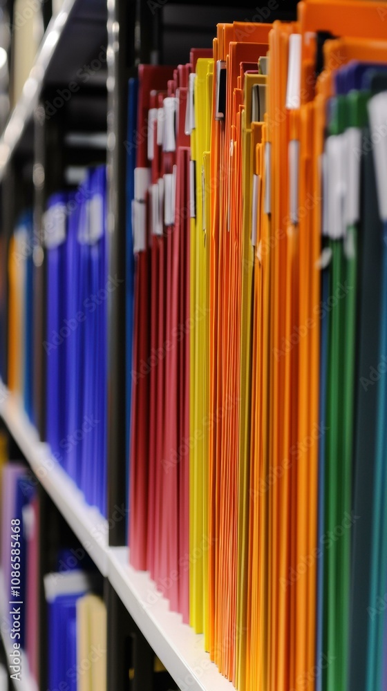 A shelf full of colorful files. AI. A shelf full of colorful files. AI.