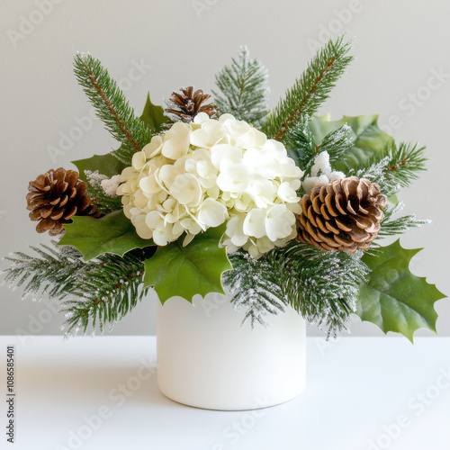 Classic winter display featuring white hydrangeas, pinecones, and frosted greenery, creating serene and festive atmosphere perfect for season photo