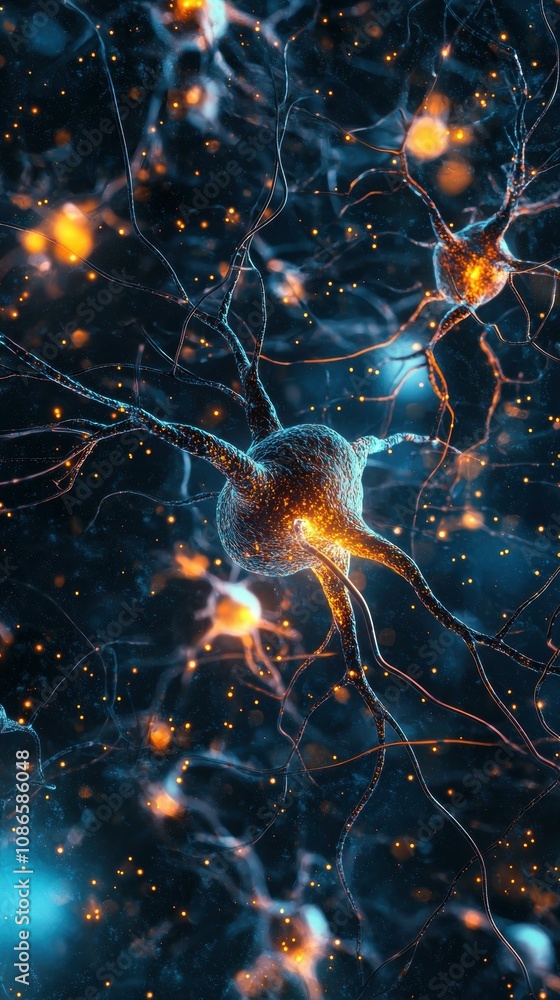 A close-up of a neuron with glowing connections. AI. A close-up of a neuron with glowing connections. AI.