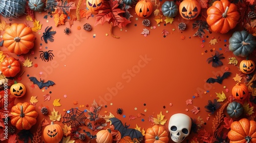 Autumn Halloween Decorations Frame Orange Background photo