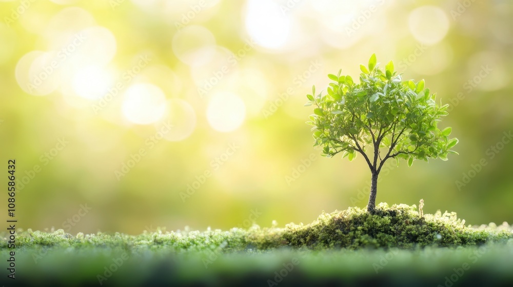 A small green tree stands on a lush grassy mound during a bright sunny day in a serene outdoor environment A small green tree stands on a lush grassy mound during a bright sunny day in a serene outdoor environment