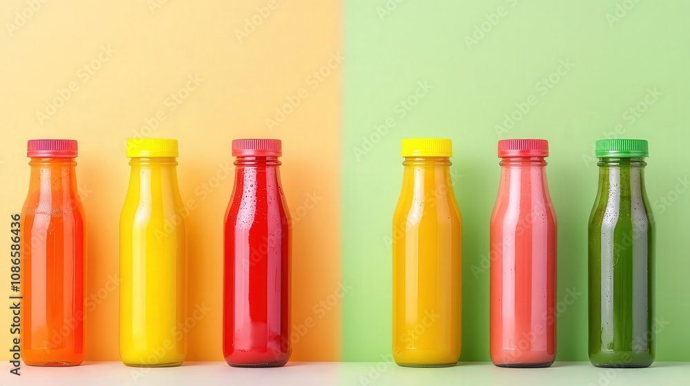 Detox juice bottles arranged in a rainbow of colors, each representing different fatburning ingredients, detox juice variety, diet and fat loss concept Detox juice bottles arranged in a rainbow of colors, each representing different fatburning ingredients, detox juice variety, diet and fat loss concept
