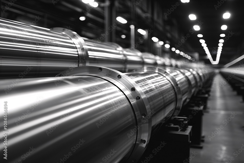 Fototapeta premium Industrial Metal Pipes Factory Manufacturing Steel Chrome Shiny Polished Tubes Cyl