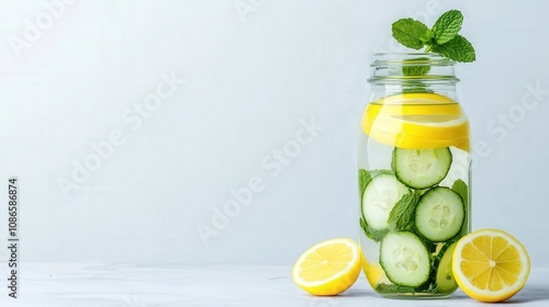 Glass jar of infused detox water with cucumber, lemon, and mint, representing a refreshing fatburning beverage, detox water, cleanse and weight loss concept photo