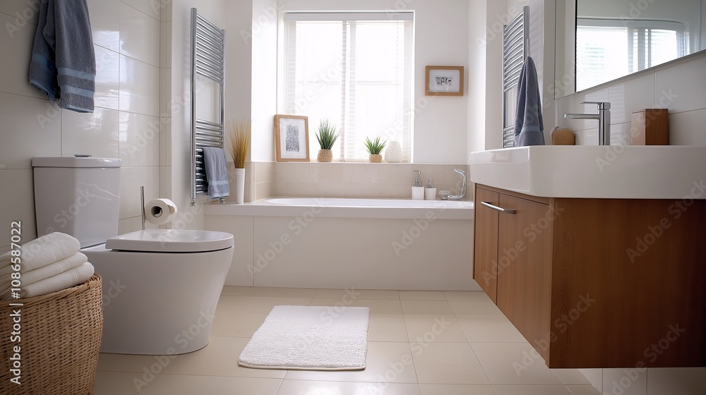 Bright and Modern Bathroom Interior with Clean Lines and Cozy Decor, Featuring a Bathtub, Shower, and Contemporary Fixtures in Minimalist Style Bright and Modern Bathroom Interior with Clean Lines and Cozy Decor, Featuring a Bathtub, Shower, and Contemporary Fixtures in Minimalist Style