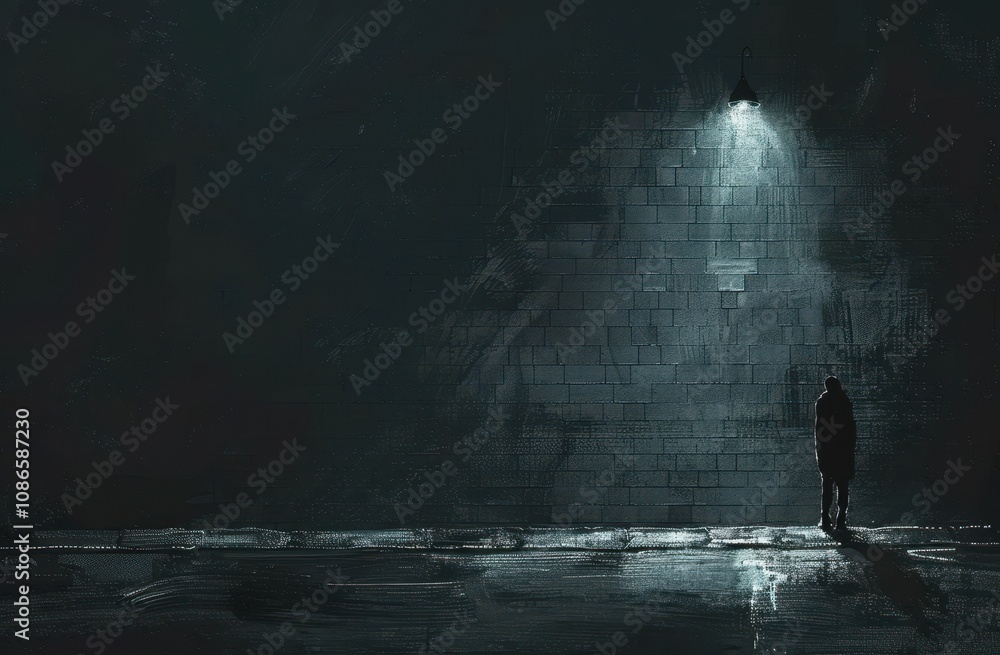 Obraz premium Solitary Figure Stands Illuminated By A Streetlight At Night