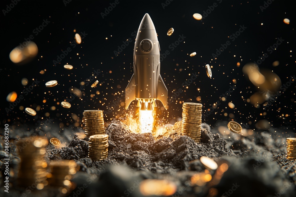 Obraz premium Rocket Launching Among Gold Coins