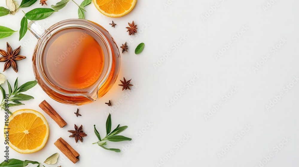Minimalist composition of a detox tea steeping in a glass teapot, surrounded by fatburning herbs and spices, detox tea, weight loss and fat burning Minimalist composition of a detox tea steeping in a glass teapot, surrounded by fatburning herbs and spices, detox tea, weight loss and fat burning