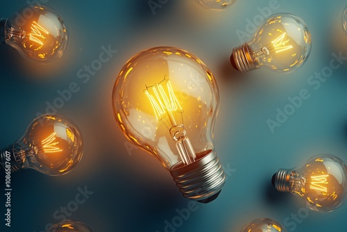 Illuminated Light Bulbs on Blue Background photo