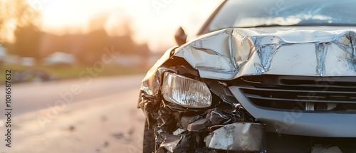 A close-up of a damaged car front, showcasing crumpled metal and broken parts, likely from a collision. Concept Car Collision Damage, Crumpled Metal Close-Up, Broken Parts Details