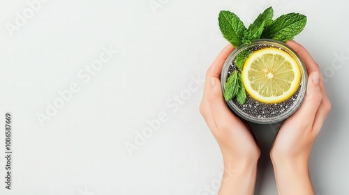 Person holding a detox drink with chia seeds, lemon slices, and mint, with a refreshing and clean aesthetic, detox drink, fat cleansing concept