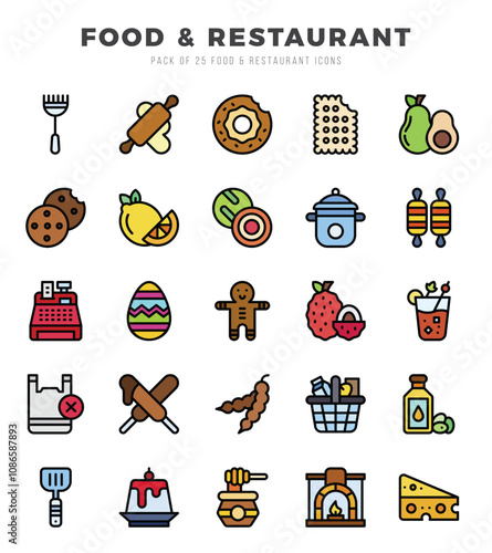 Set of 25 Food and Restaurant Lineal Color Icons Pack.