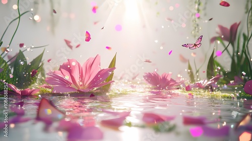 Digital technology flowers grass and butterflies art installation illustration poster background