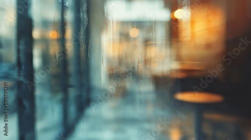 Soft focus on a rainy day inside a cozy cafe with warm lighting and empty tables, creating a calm atmosphere in the afternoon