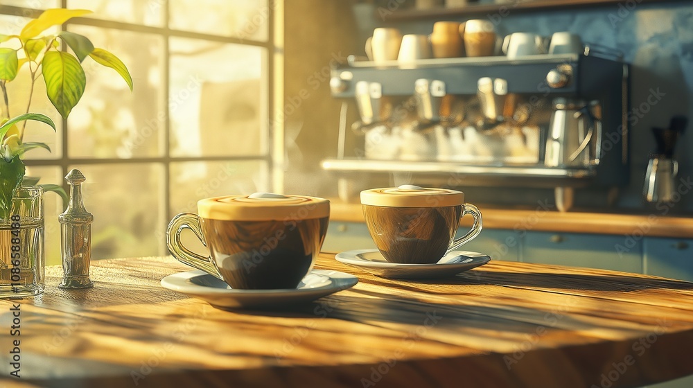 Cozy Coffee Shop Morning with Brewing Cups Cozy Coffee Shop Morning with Brewing Cups