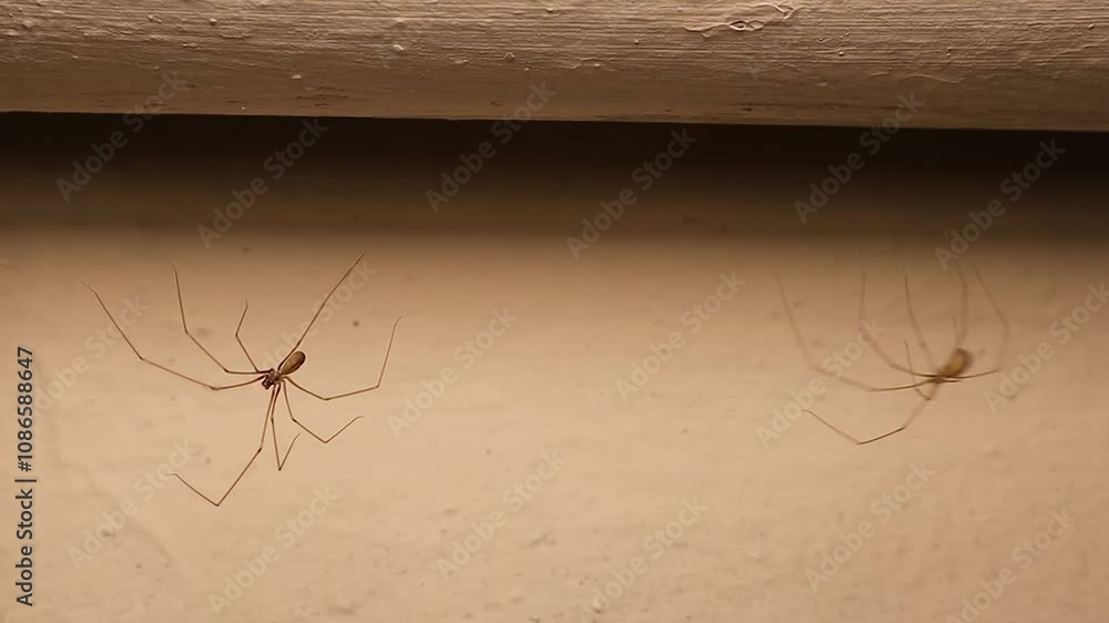Cellar spider dances, bounce. Spiders dance as a defense mechanism to scare away enemies and for mating. in my opinion here the female attracts the male, and tries to seduce him as if she were prey. Cellar spider dances, bounce. Spiders dance as a defense mechanism to scare away enemies and for mating. in my opinion here the female attracts the male, and tries to seduce him as if she were prey.
