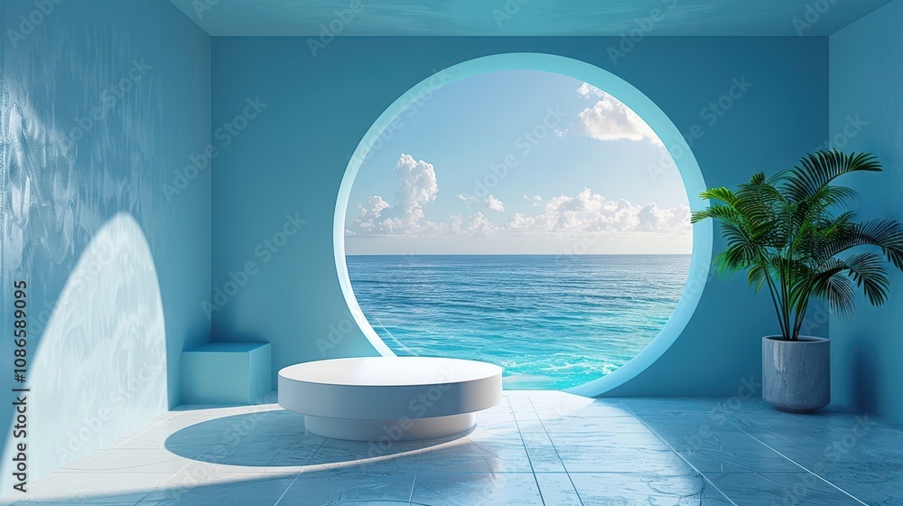 Fototapeta premium Serene Coastal Room With Ocean View And Minimalist Decor