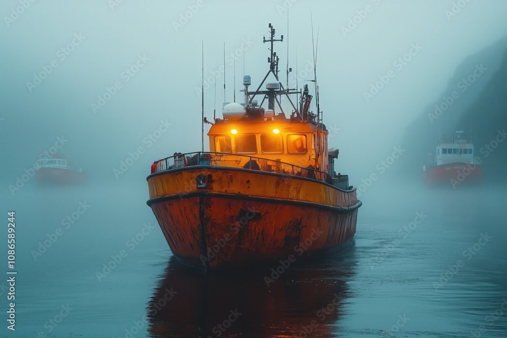 Fishing boat navigating through mysterious ocean mist at sunrise for maritime adventure themes Fishing boat navigating through mysterious ocean mist at sunrise for maritime adventure themes