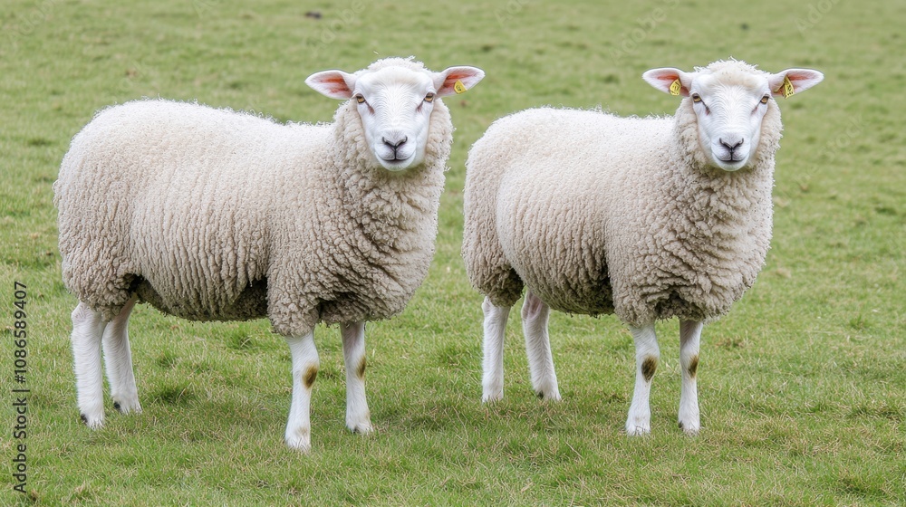 Two Adorable Sheep Grazing in a Lush Green Field Surrounded by Rolling Hills Under Soft Natural Light, Ideal for Farm and Nature-Themed Projects Two Adorable Sheep Grazing in a Lush Green Field Surrounded by Rolling Hills Under Soft Natural Light, Ideal for Farm and Nature-Themed Projects