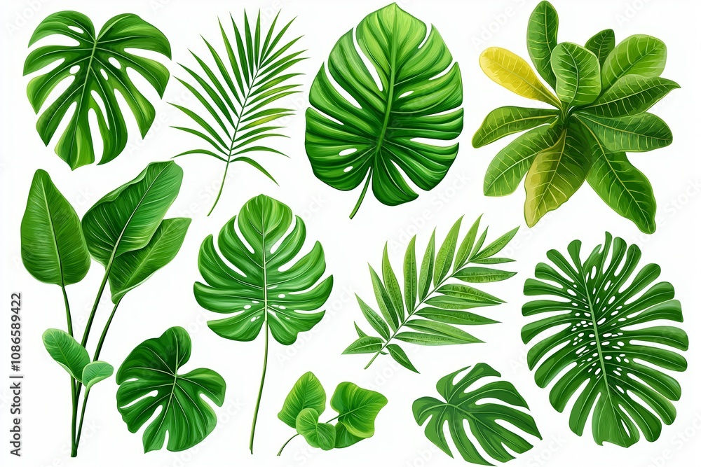Set of tropical leaves isolated on white background. Tropical leaves exotic foliage. Set of tropical leaves isolated on white background. Tropical leaves exotic foliage.