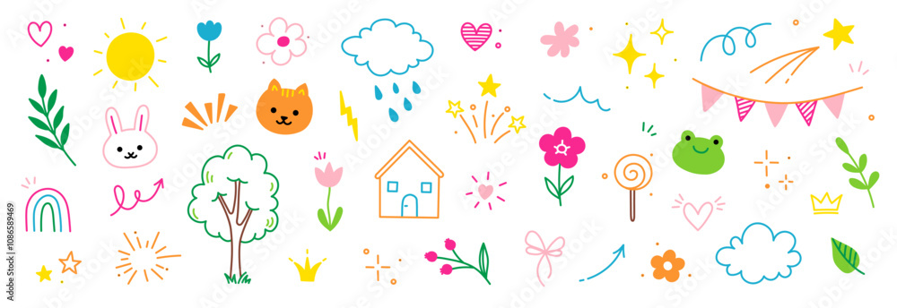 Cute kid icon element line flower, cloud, heart background. Hand drawn doodle cute cartoon scribble sticker element set. Flower, heart, cloud children elements background. Vector illustration Cute kid icon element line flower, cloud, heart background. Hand drawn doodle cute cartoon scribble sticker element set. Flower, heart, cloud children elements background. Vector illustration