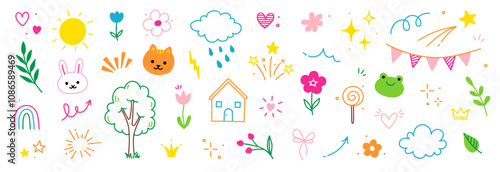 Cute kid icon element line flower, cloud, heart background. Hand drawn doodle cute cartoon scribble sticker element set. Flower, heart, cloud children elements background. Vector illustration