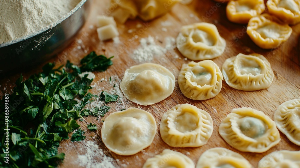 Freshly Made Dumplings on a Wooden Surface with Flour, Chopped Herbs, and Cooking Ingredients, Capturing a Delicious Culinary Experience in the Kitchen Freshly Made Dumplings on a Wooden Surface with Flour, Chopped Herbs, and Cooking Ingredients, Capturing a Delicious Culinary Experience in the Kitchen