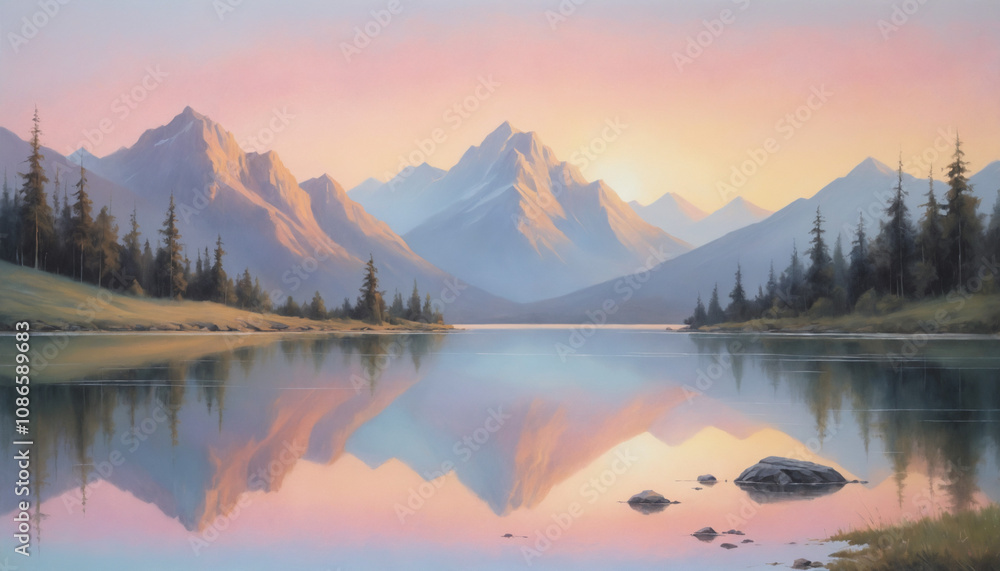 Mountain Lake at Sunset with Reflection in Pastel Colors