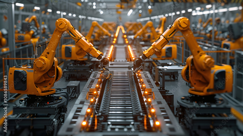 Advanced robotic arms in an assembly line working together in an industrial facility Advanced robotic arms in an assembly line working together in an industrial facility