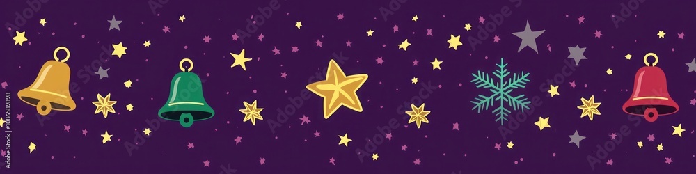 Horizontal minimalist icons of snowflakes, stars, and bells on Plum Purple background using Bright Green, Bright Gold, and Carmine Red with Charcoal Gray shadows and Light Gray emboss Horizontal minimalist icons of snowflakes, stars, and bells on Plum Purple background using Bright Green, Bright Gold, and Carmine Red with Charcoal Gray shadows and Light Gray emboss