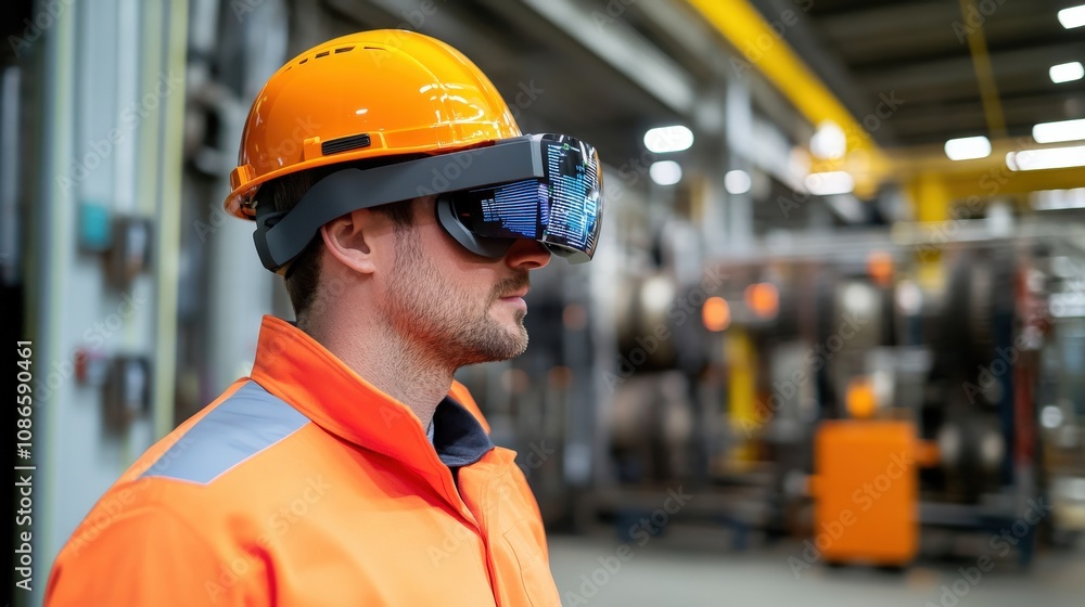 Engineer wearing augmented reality glasses to visualize machinery data Engineer wearing augmented reality glasses to visualize machinery data